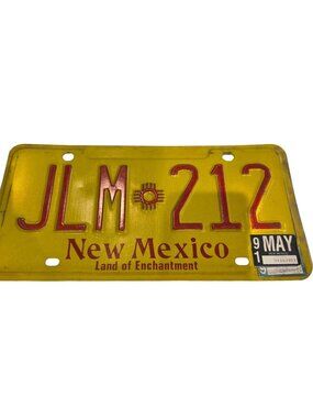 Vintage New Mexico License Plate JLM 212 Yellow Red Zia Southwest Americana Tag
